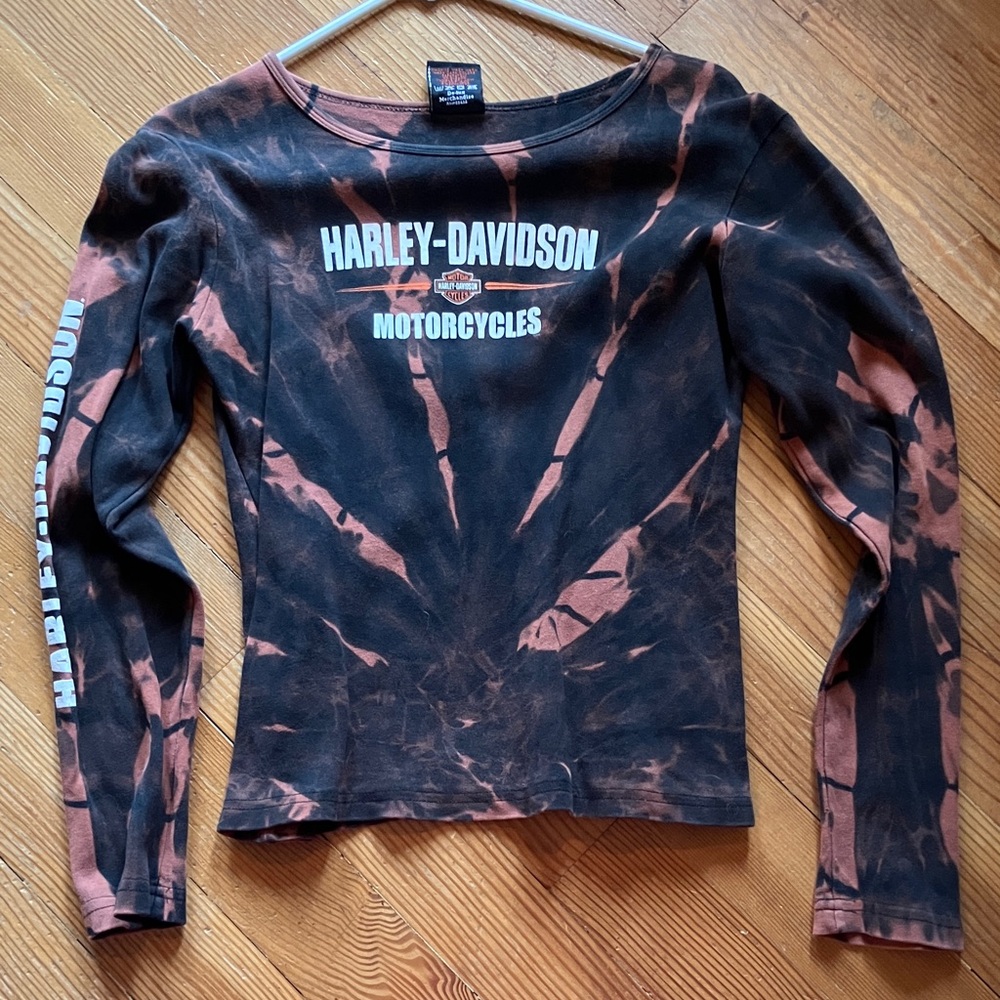 Harley-Davidson Women's Long Sleeve Tie-Dye Tee - Black & Rust Orange